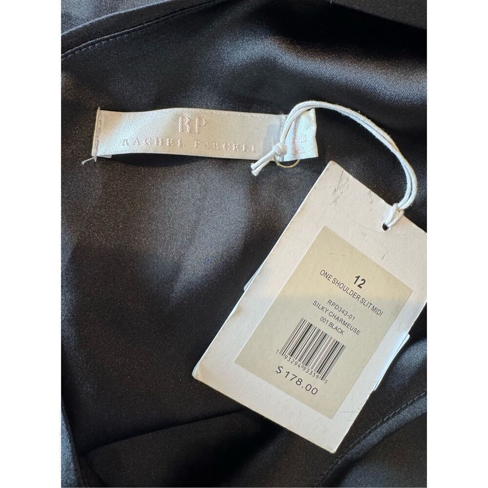 Rachel Parcell One Shoulder Satin Dress 12 Black Midi Formal Wedding Guest NWT - Picture 6 of 6